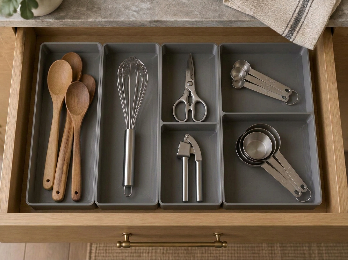 A kitchen drawer with a custom-fitted organizer holding utensils, scissors and small tools